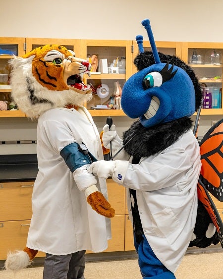 SUNY Cobleskill mascot posing with Maria College's mascot, pretending to take blood pressure