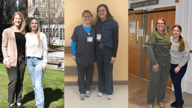 Three photos are edited next to each other. Each photo shows two women, standing together in clinical settings.