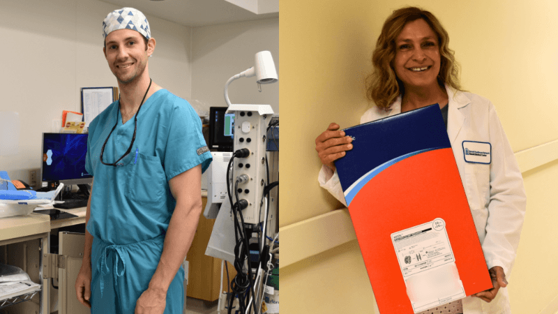 A surgeon in a cap and scrubs is photographed in an operating room and a woman in a white doctor's coat is photographed holding a box.