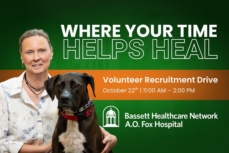 Bassett pet volunteer with her dog against a green clinical background that reads: "Where your time helps heal" "Volunteer Recruitment Drive"
