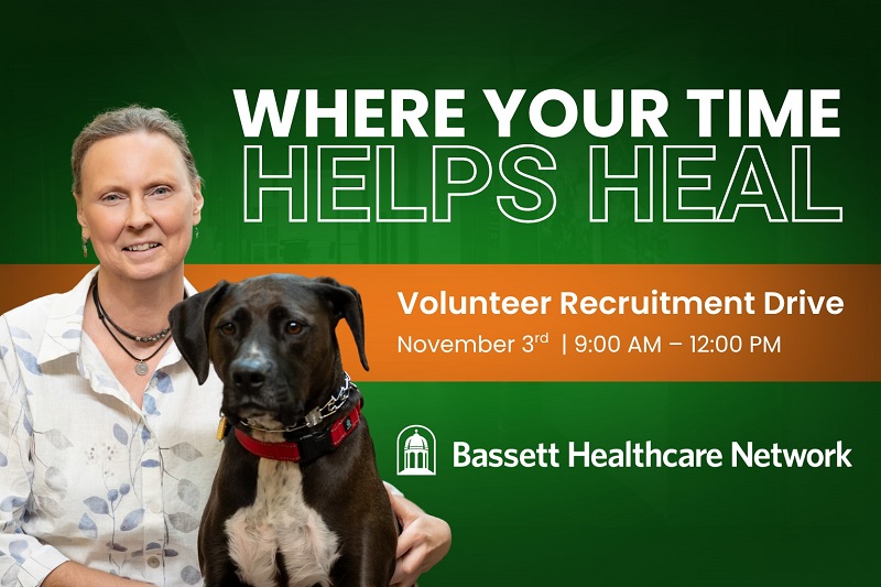Bassett pet volunteer with her dog against a green clinical background that reads: "Where your time helps heal" "Volunteer Recruitment Drive"