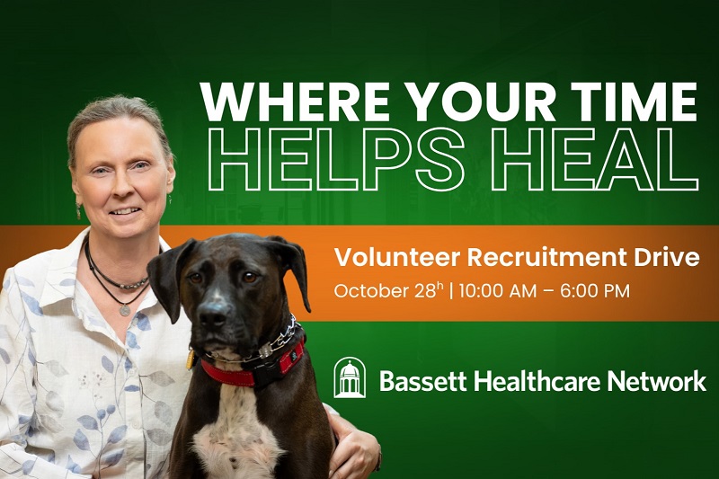 Bassett pet volunteer with her dog against a green clinical background that reads: "Where your time helps heal" "Volunteer Recruitment Drive"